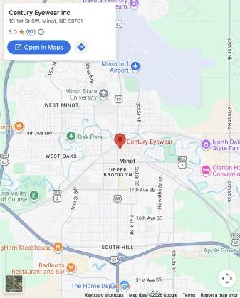 Map showing Century Eyewear at 10 1st St SW in downtown Minot